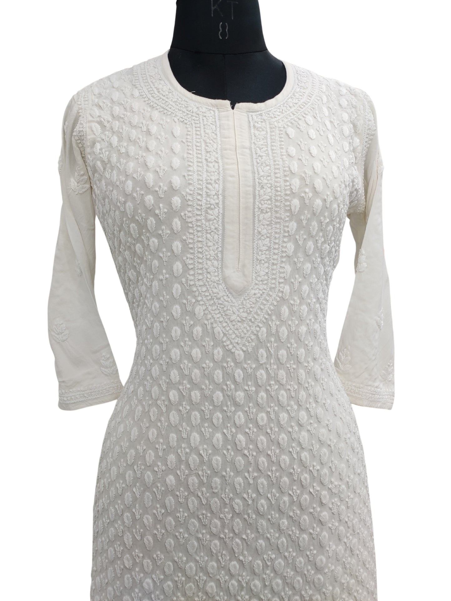 Shyamal Chikan Hand Embroidered White Rayon Cotton Lucknowi Chikankari Kurti- S23525