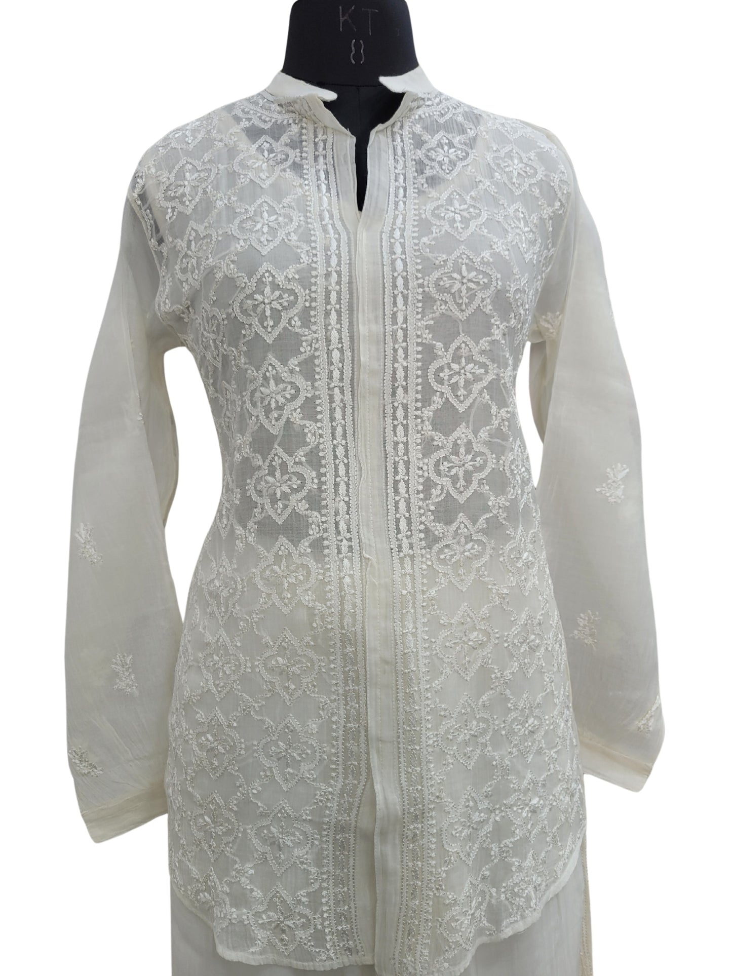 Shyamal Chikan Hand Embroidered White Mul Chanderi Lucknowi Chikankari Shirt and Pant Set - S24253