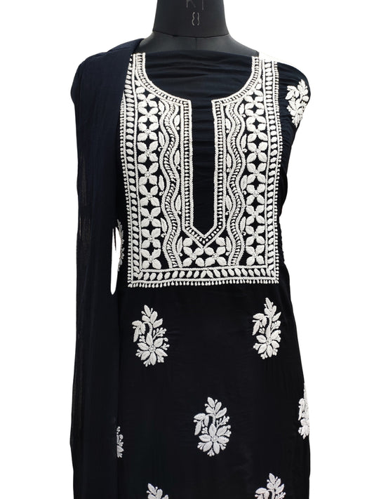 Shyamal Chikan Hand Embroidered Black Modal Lucknowi Chikankari Unstitched Suit Piece - S25249