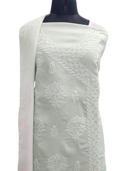 Shyamal Chikan Hand Embroidered Sea Green Cotton Lucknowi Chikankari Unstitched Angrakha Style Suit Piece- S21837