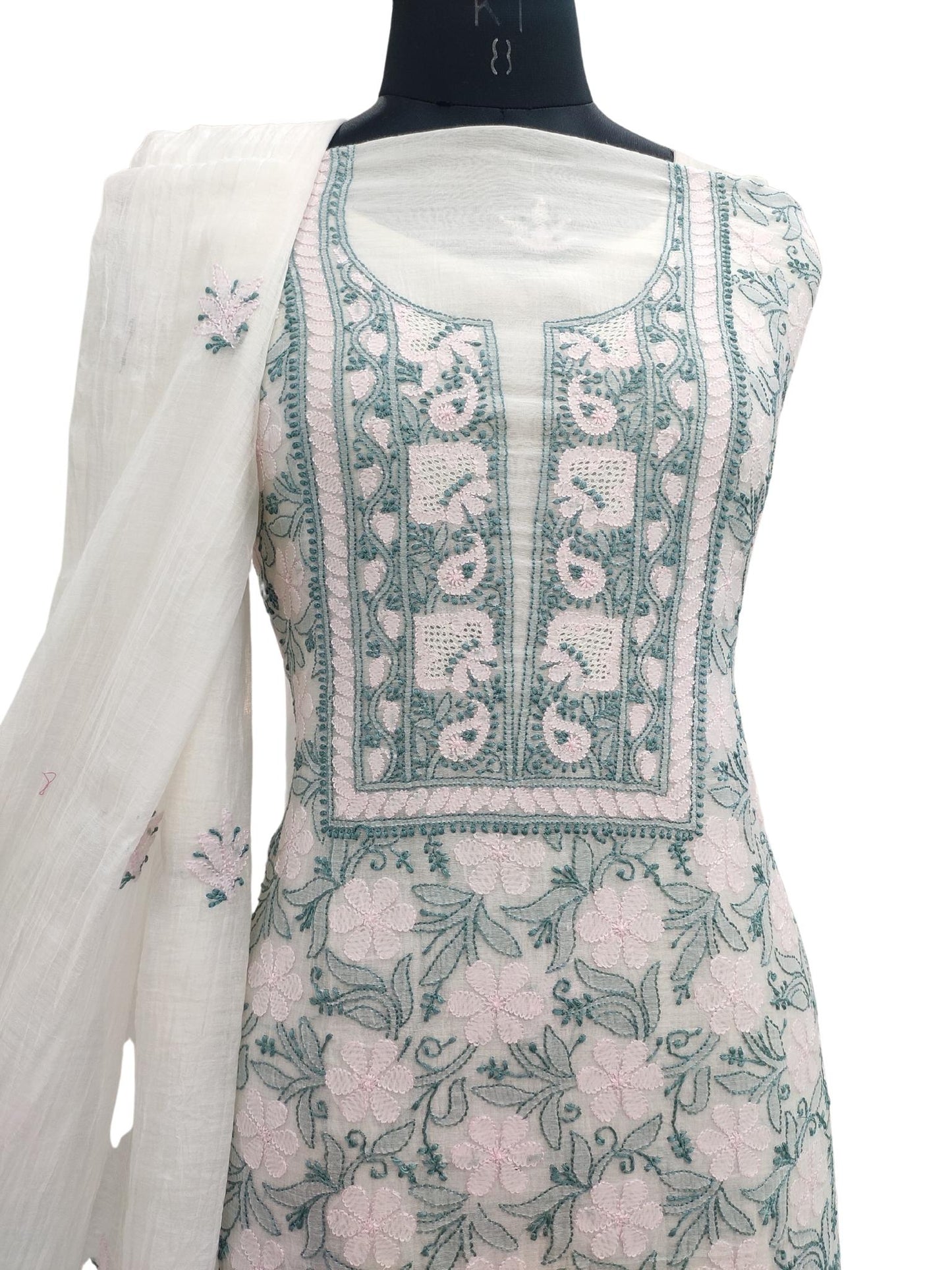 Shyamal Chikan Hand Embroidered White Mul Chanderi Lucknowi Chikankari Unstitched Suit Piece (Kurta Dupatta Set) - S20895