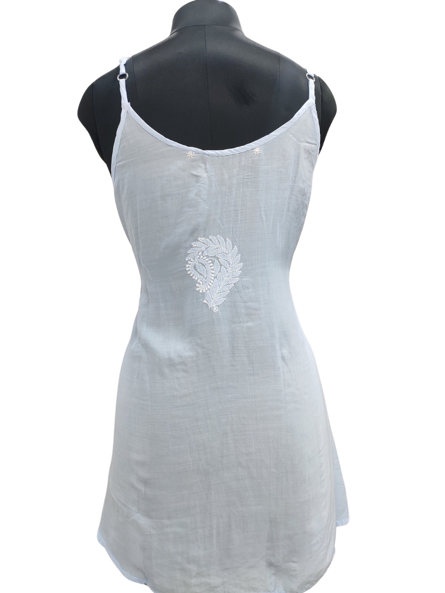 Shyamal Chikan Hand Embroidered Blue Muslin Noodle Strap Lucknowi Chikankari Short Top - S24851