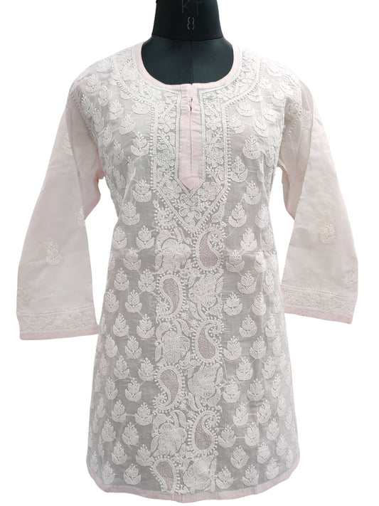 Shyamal Chikan Hand Embroidered Pink Cotton Lucknowi Chikankari Short Top With Jaali Work- S21745
