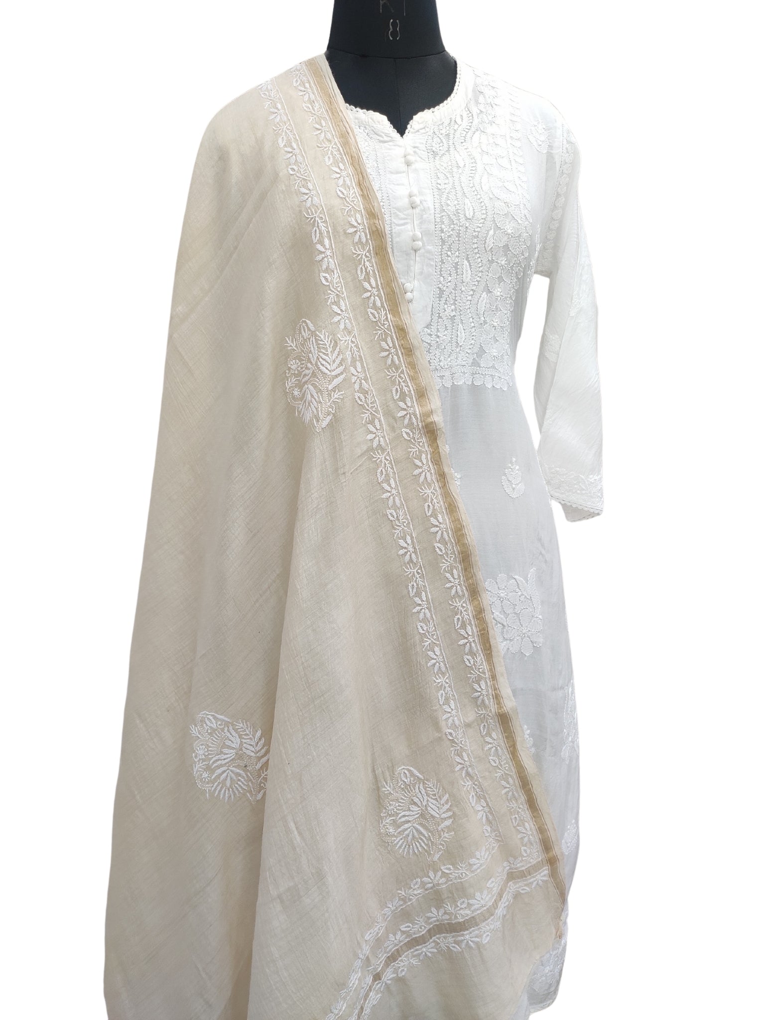 Shyamal Chikan Hand Embroidered Beige Monga Silk Lucknowi Chikankari Dupatta - S23194