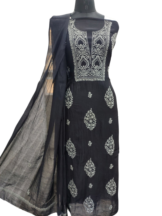 Shyamal Chikan Hand Embroidered Black Mul Chanderi Lucknowi Chikankari Unstitched Suit Piece With Jaali Work (Kurta Dupatta Set) - S25119