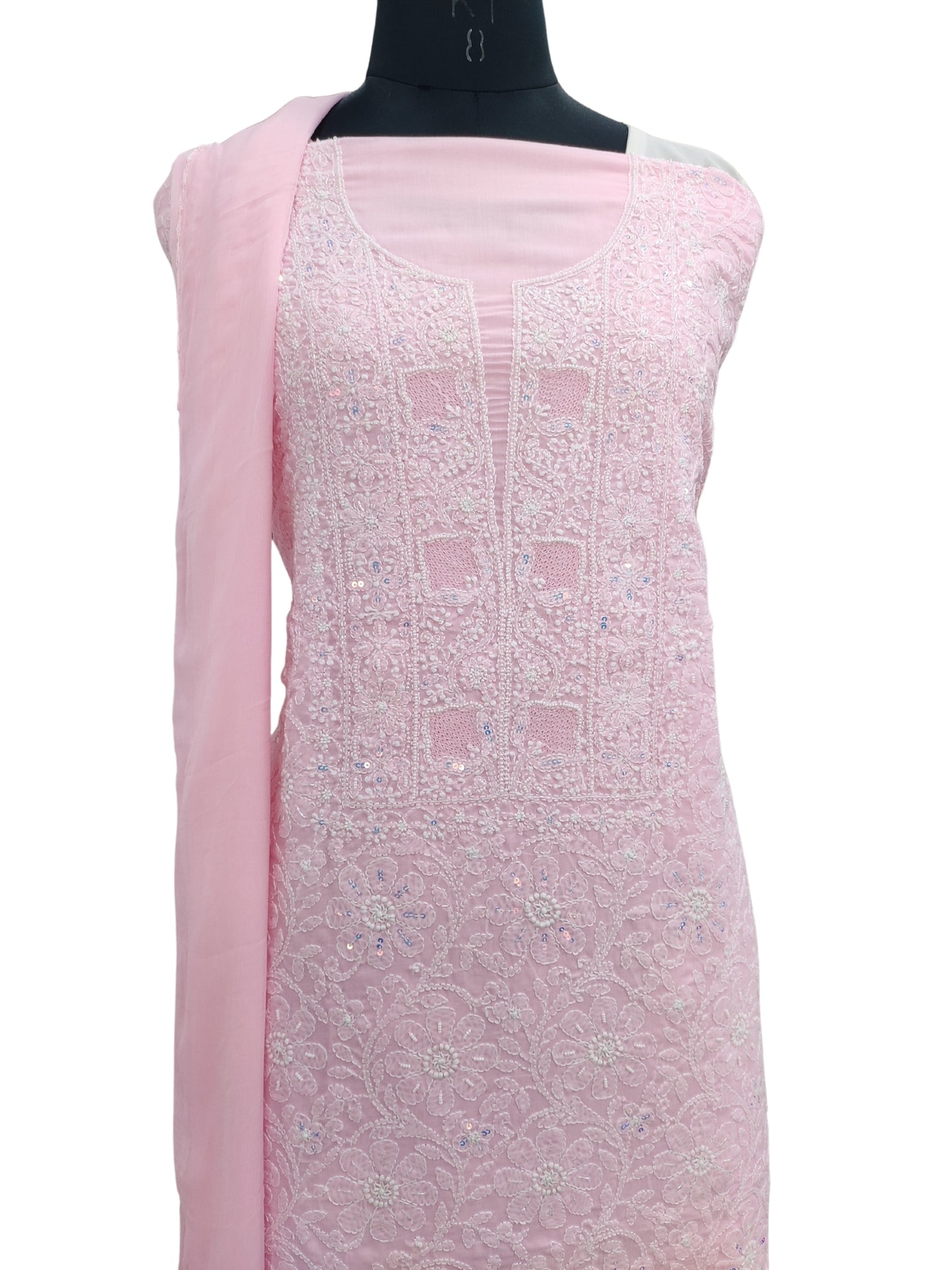 Shyamal Chikan Hand Embroidered Pink Cotton Lucknowi Chikankari Unstitched Suit Piece With Pearl Sequin & Cutdana Work - S24320