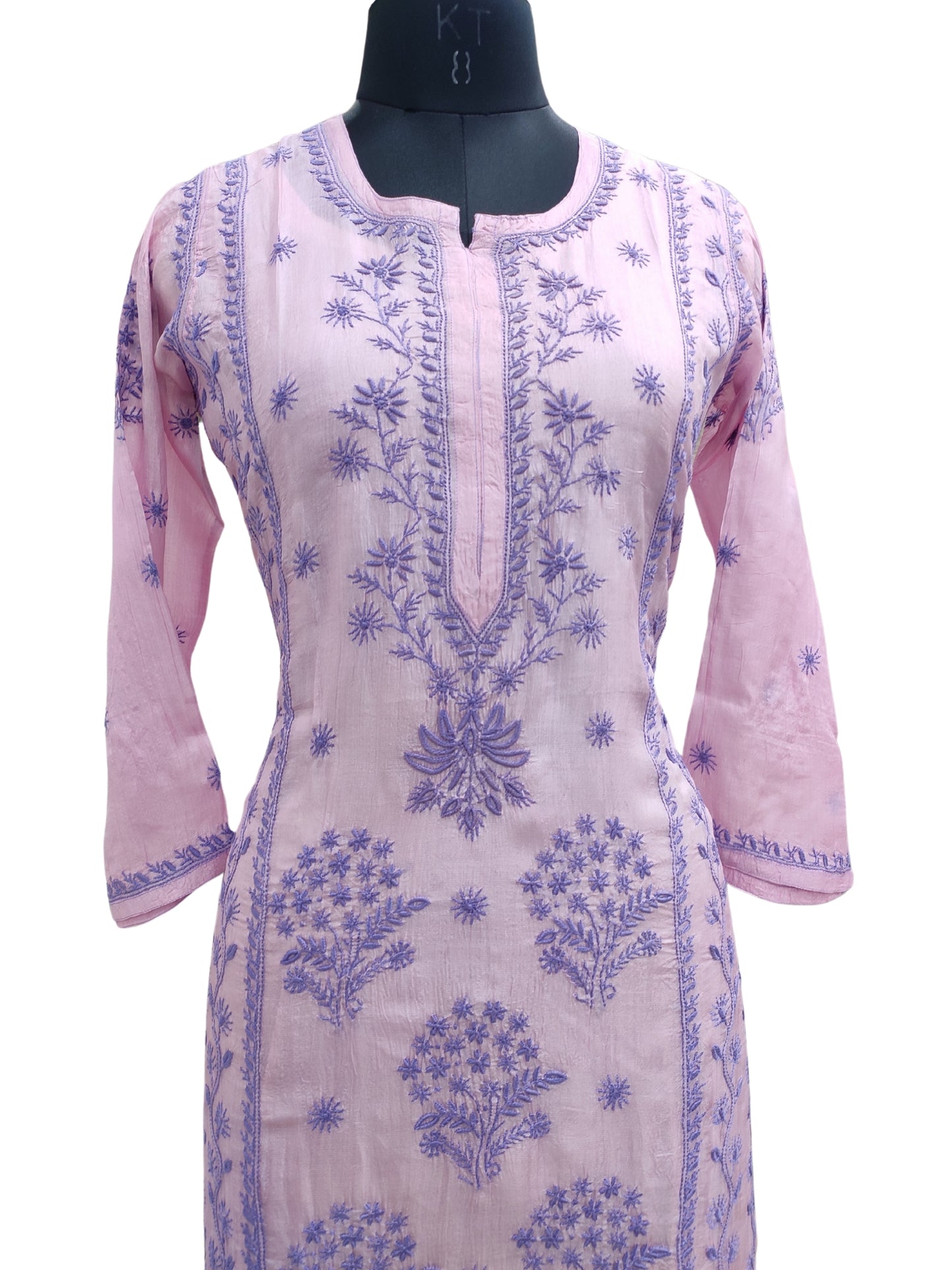 Shyamal Chikan Hand Embroidered Purple Pure Tusser Silk Lucknowi Chikankari Kurti- S25559