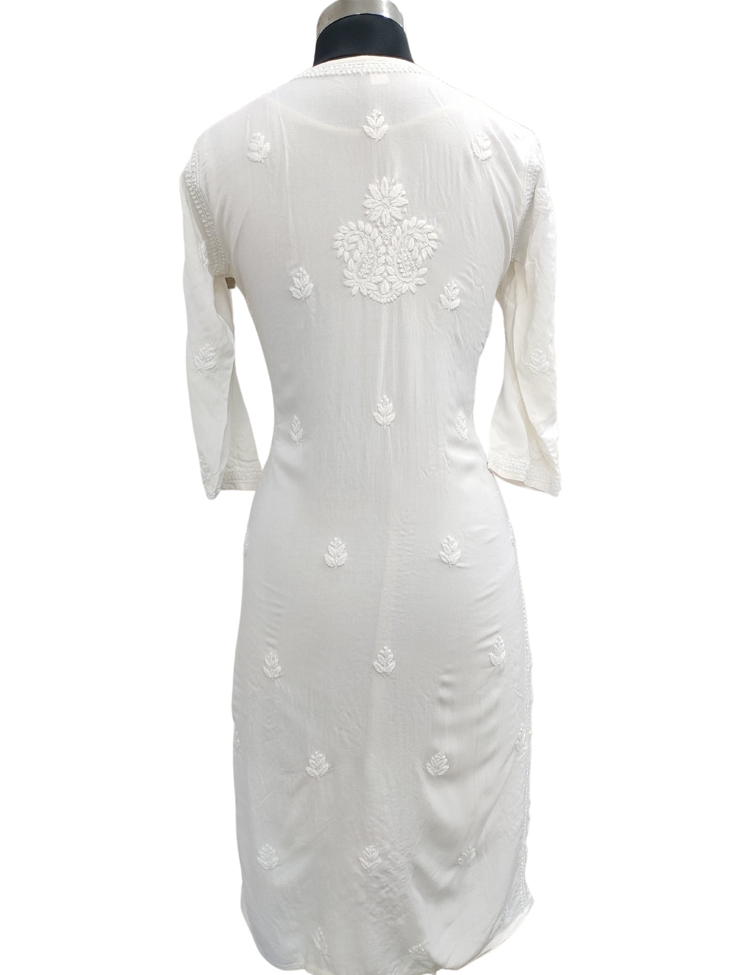 Shyamal Chikan Hand Embroidered White Rayon Cotton Lucknowi Chikankari Kurti- S23525