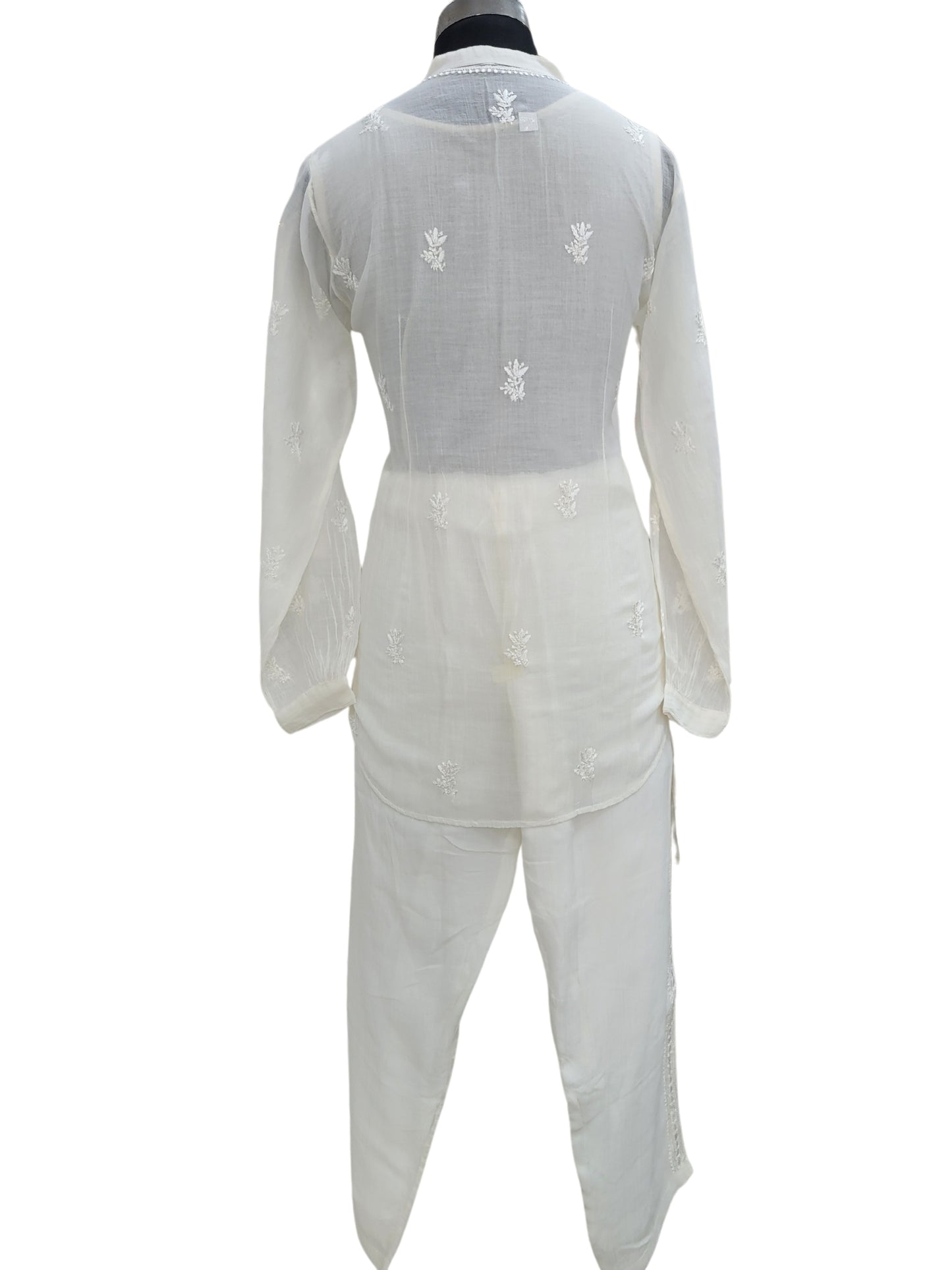 Shyamal Chikan Hand Embroidered White Mul Chanderi Lucknowi Chikankari Shirt and Pant Set - S24253