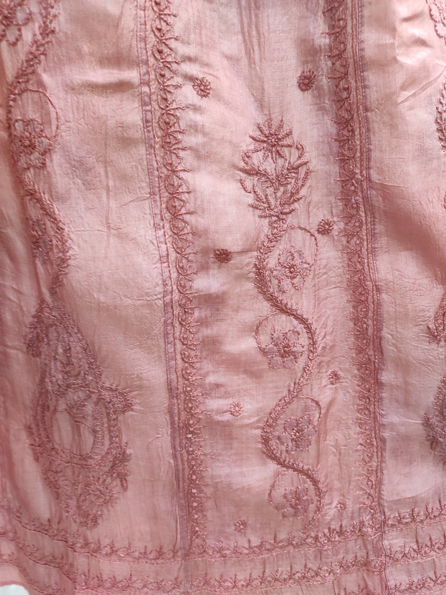 Shyamal Chikan Hand Embroidered Peach Pure Tusser Silk Lucknowi Chikankari Semi-Stitched Anarkali - S22495
