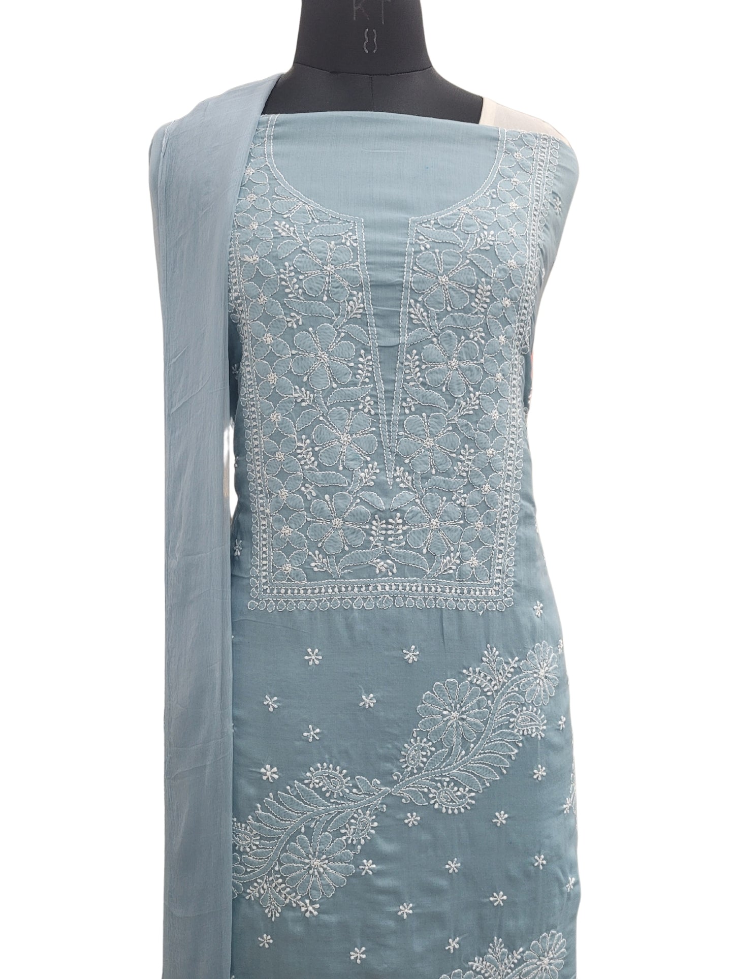 Shyamal Chikan Hand Embroidered Grey Cotton Lucknowi Chikankari Unstitched Suit Piece - S25059