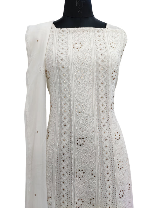 Shyamal Chikan Hand Embroidered White HQ Viscose Georgette Lucknowi Chikankari Unstitched Anarkali With Mukaish Work (Kurta Dupatta Set)  - S26730