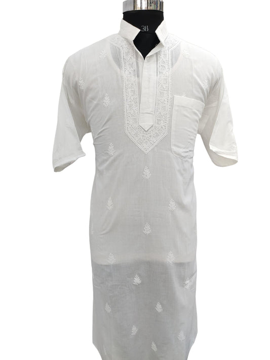 Shyamal Chikan Hand Embroidered White Cotton Lucknowi Chikankari Men's Modi Kurta – S20130