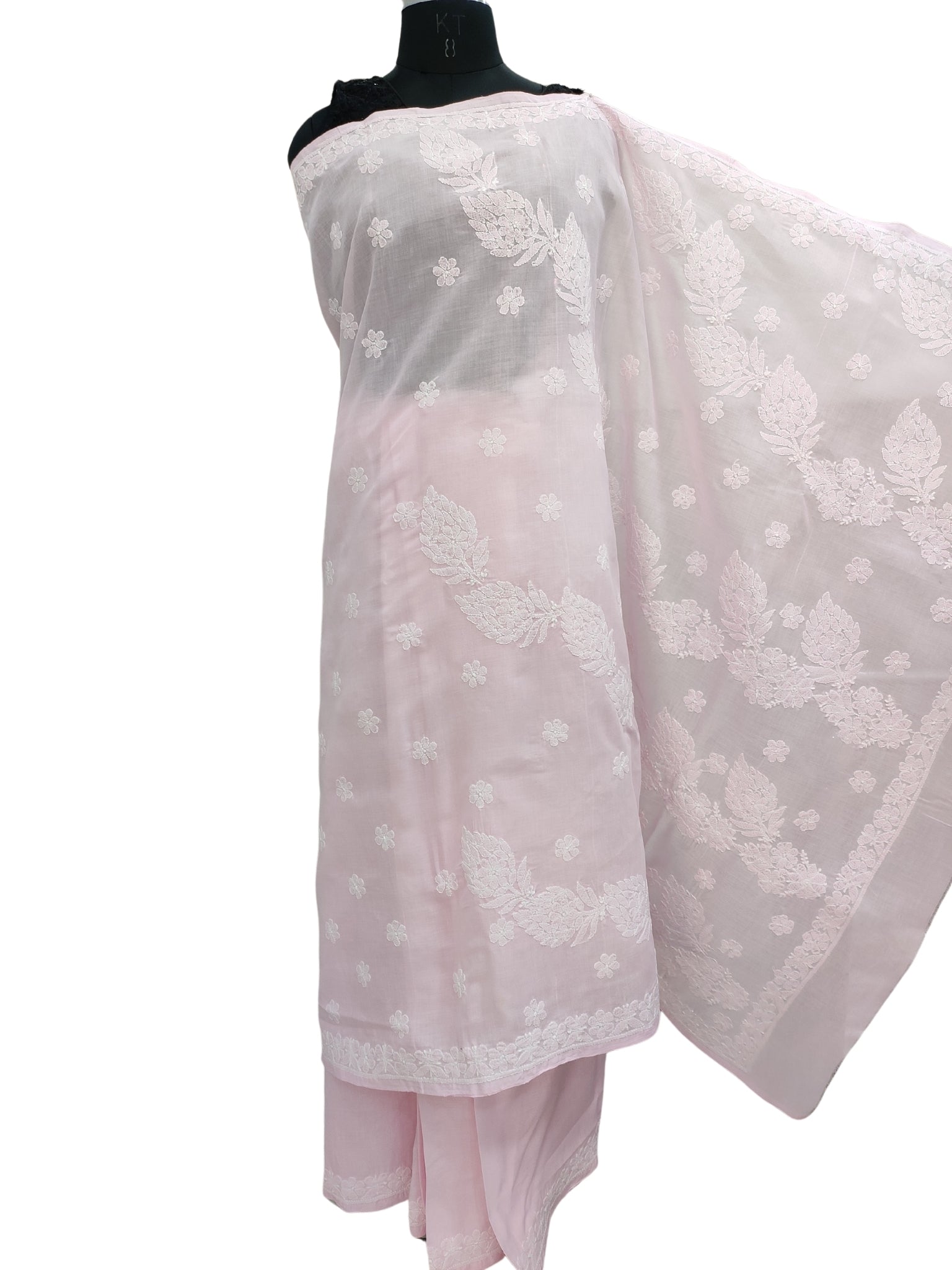 Shyamal Chikan Hand Embroidered Pink Cotton Lucknowi Chikankari Saree With Blouse Piece- S22509