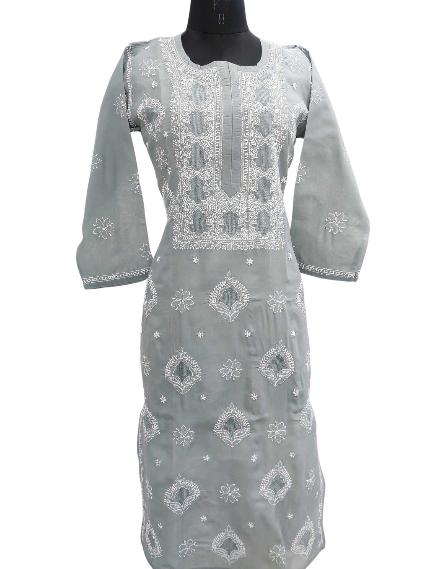 Shyamal Chikan Hand Embroidered Grey Cotton Lucknowi Chikankari Kurti With Jaali Work- S23534