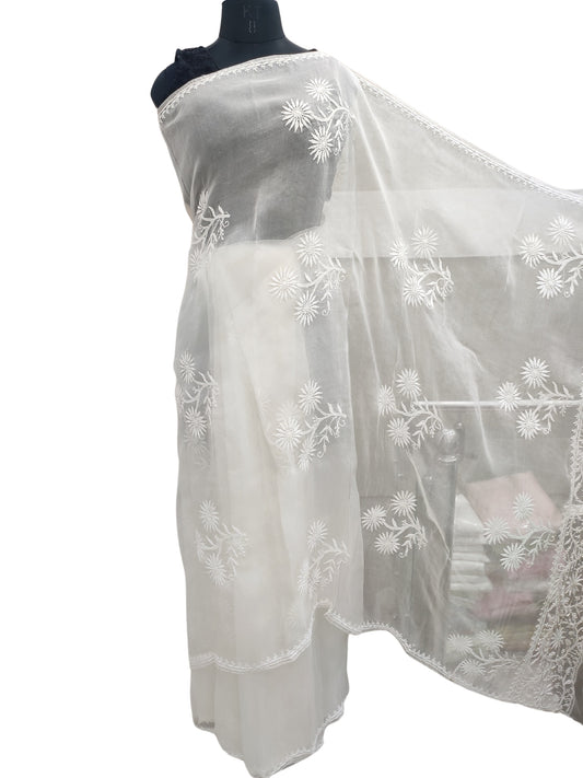 Shyamal Chikan Hand Embroidered White Pure Organza Lucknowi Chikankari Saree With Blouse Piece  - 23547