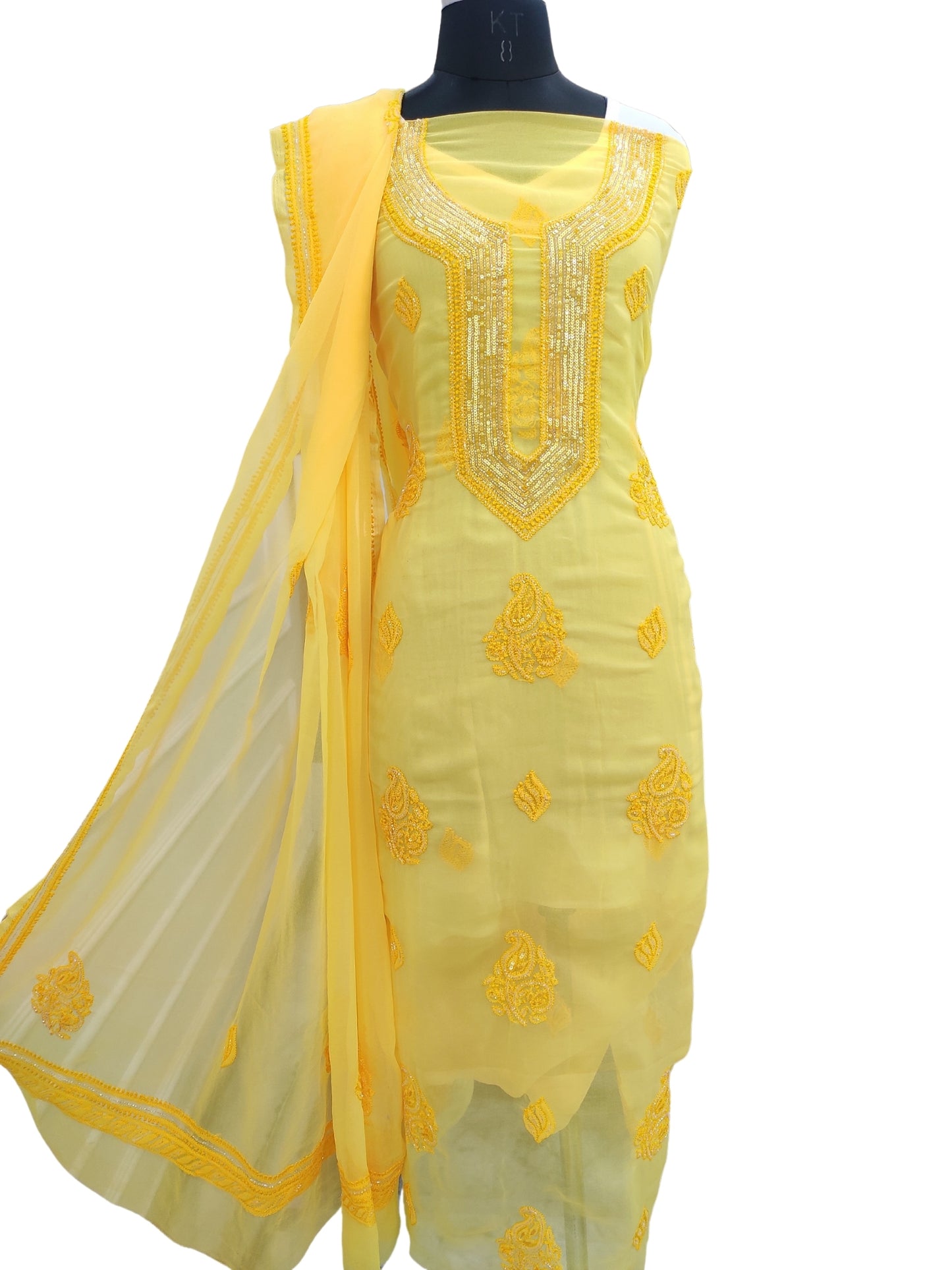 Shyamal Chikan Hand Embroidered Yellow Georgette Lucknowi Chikankari Unstitched Suit Piece With Cutdana & Sequin Work - S24381