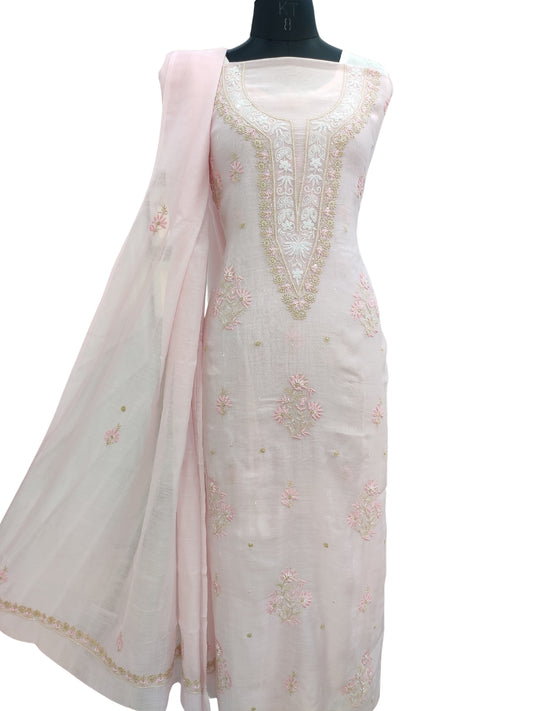 Shyamal Chikan Hand Embroidered Pink Mul Chanderi Lucknowi Chikankari Unstitched Suit Piece with Cutdana & Sequin Work (Kurta Dupatta Set) - S24430