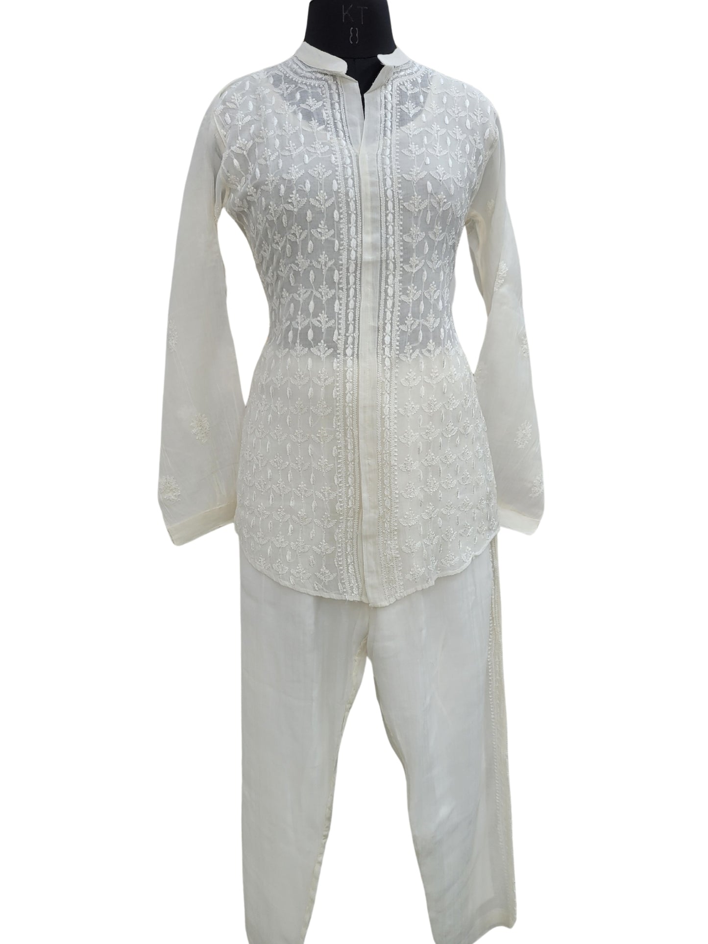 Shyamal Chikan Hand Embroidered White Mul Chanderi Lucknowi Chikankari Shirt and Pant Set - S24712