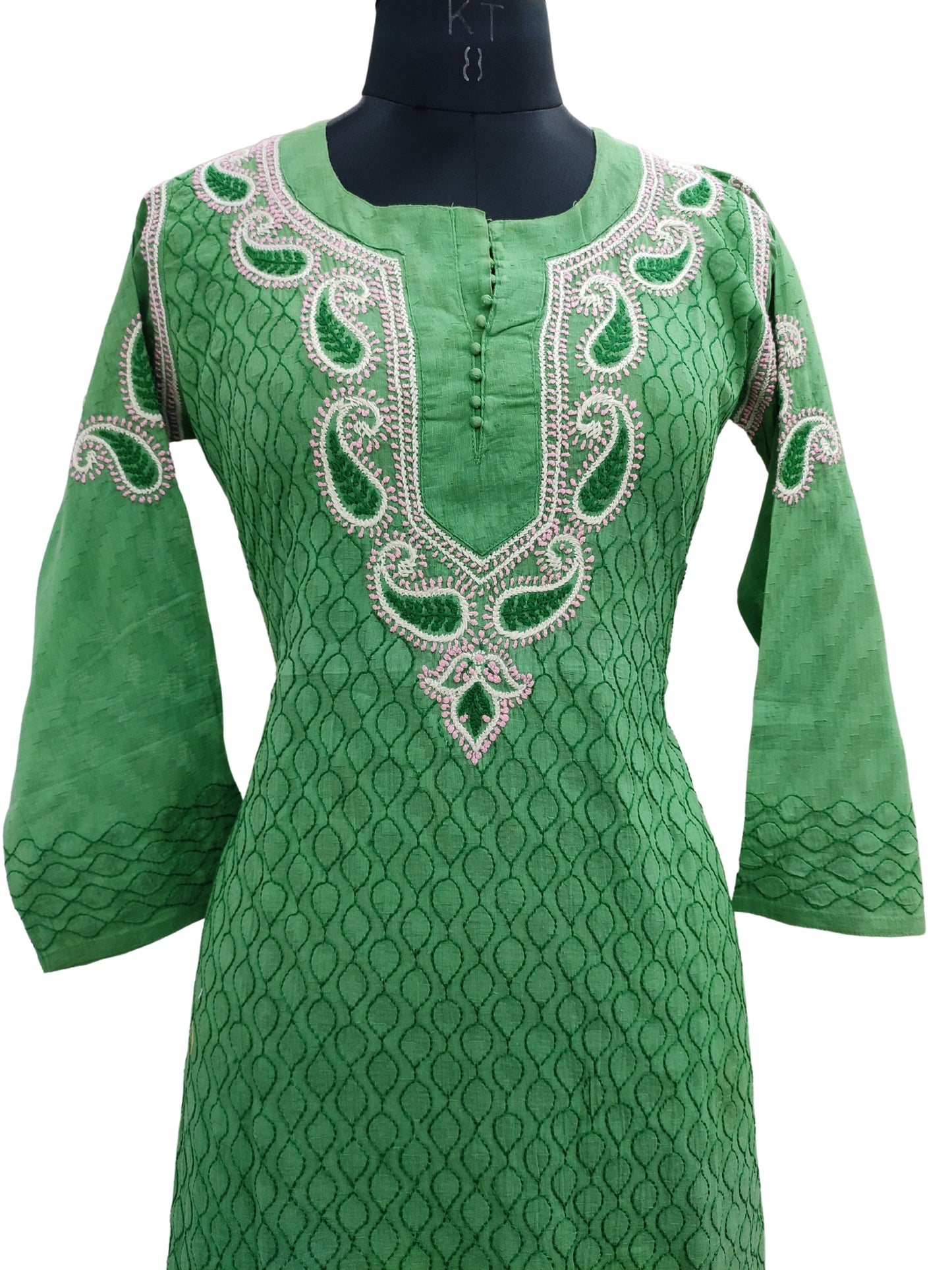 Shyamal Chikan Hand Embroidered Green Cotton Lucknowi Chikankari Kurti- S9089