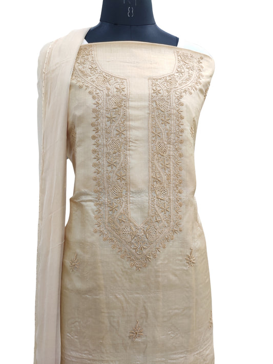 Shyamal Chikan Hand Embroidered Beige Pure Tusser Silk Lucknowi Chikankari Unstitched Suit Piece (Kurta Dupatta Set) - S24550