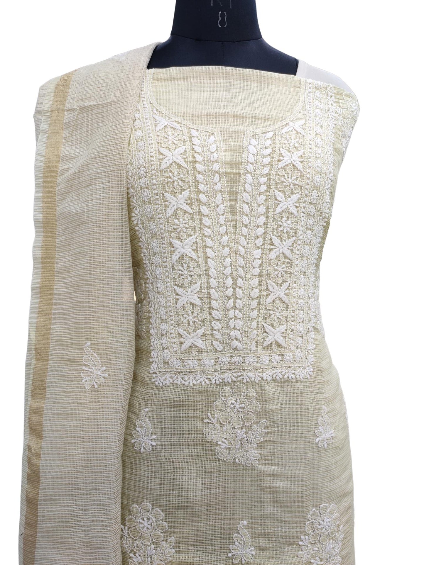 Shyamal Chikan Hand Embroidered Fawn Tissue Kota Cotton Lucknowi Chikankari Unstitched Suit Piece  ( Kurta Dupatta Set ) - S20800