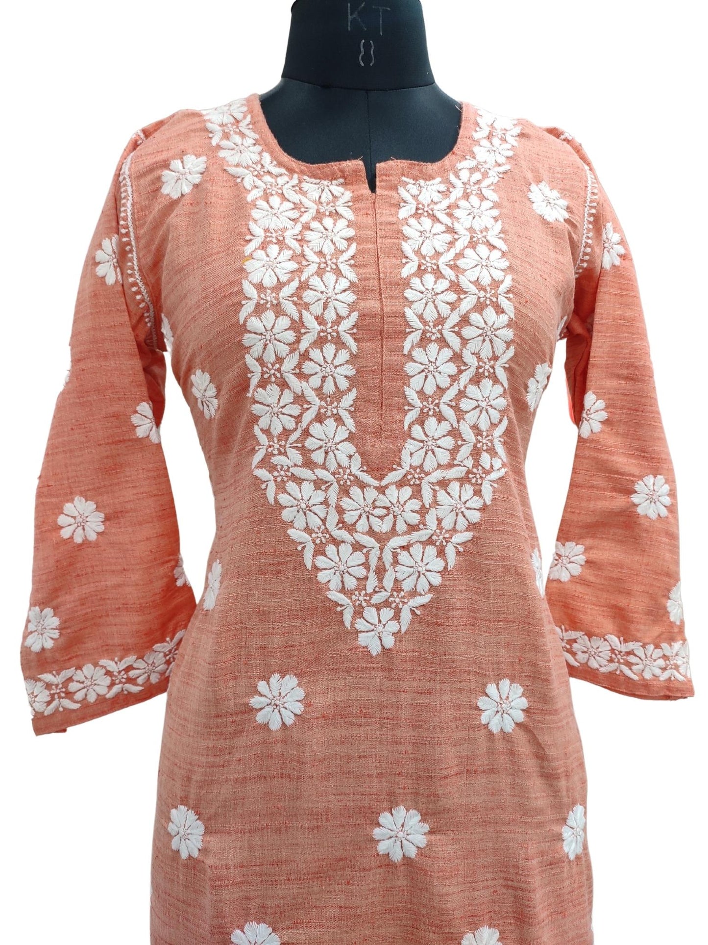 Shyamal Chikan Hand Embroidered Peach Khadi Cotton Lucknowi Chikankari Kurti- S21101