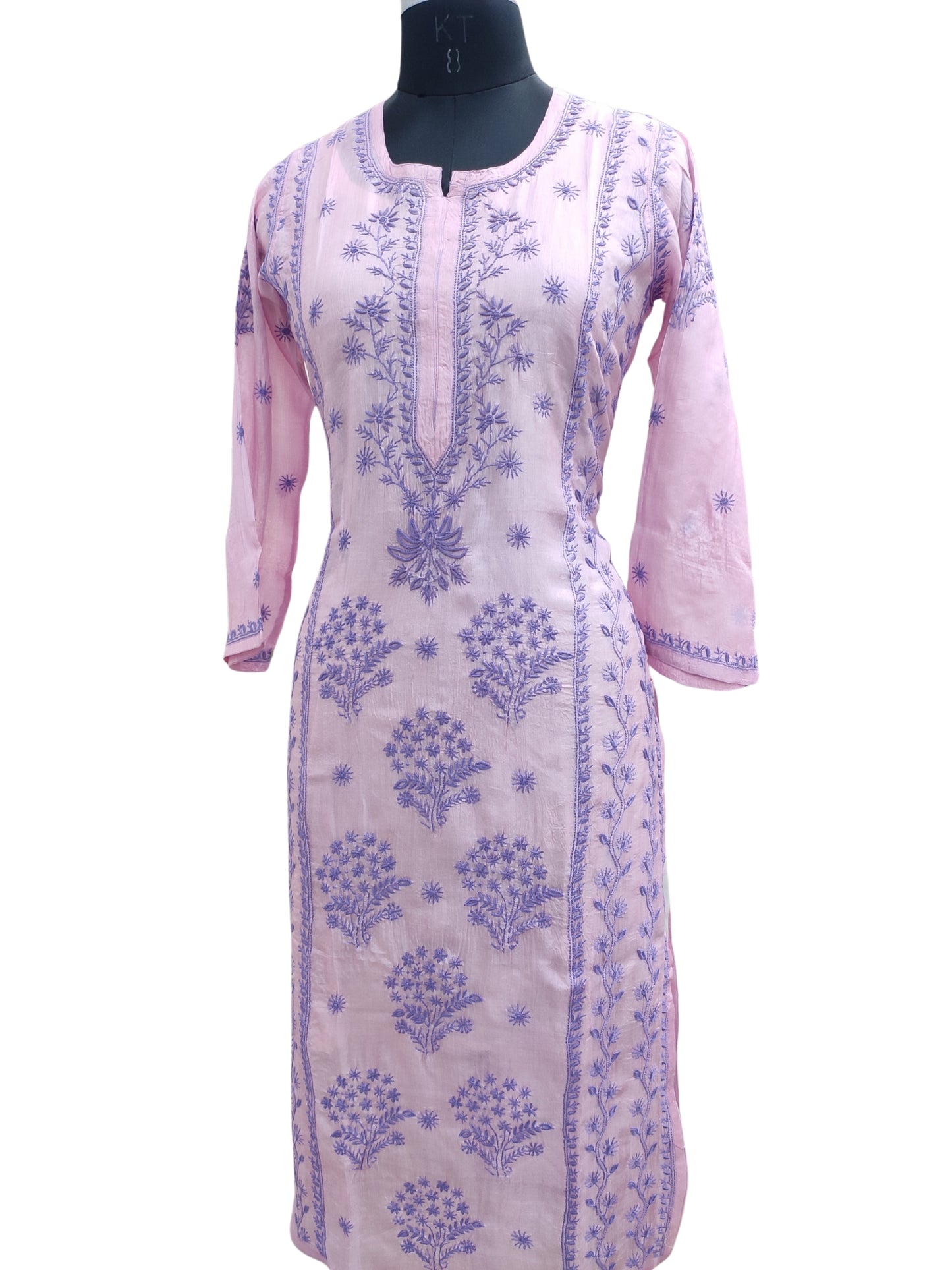 Shyamal Chikan Hand Embroidered Purple Pure Tusser Silk Lucknowi Chikankari Kurti- S25559