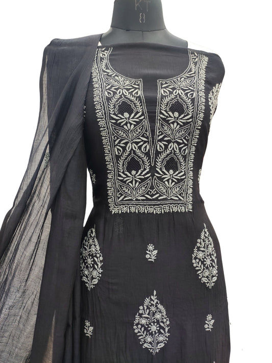 Shyamal Chikan Hand Embroidered Black Mul Chanderi Lucknowi Chikankari Unstitched Suit Piece With Jaali Work (Kurta Dupatta Set) - S25119