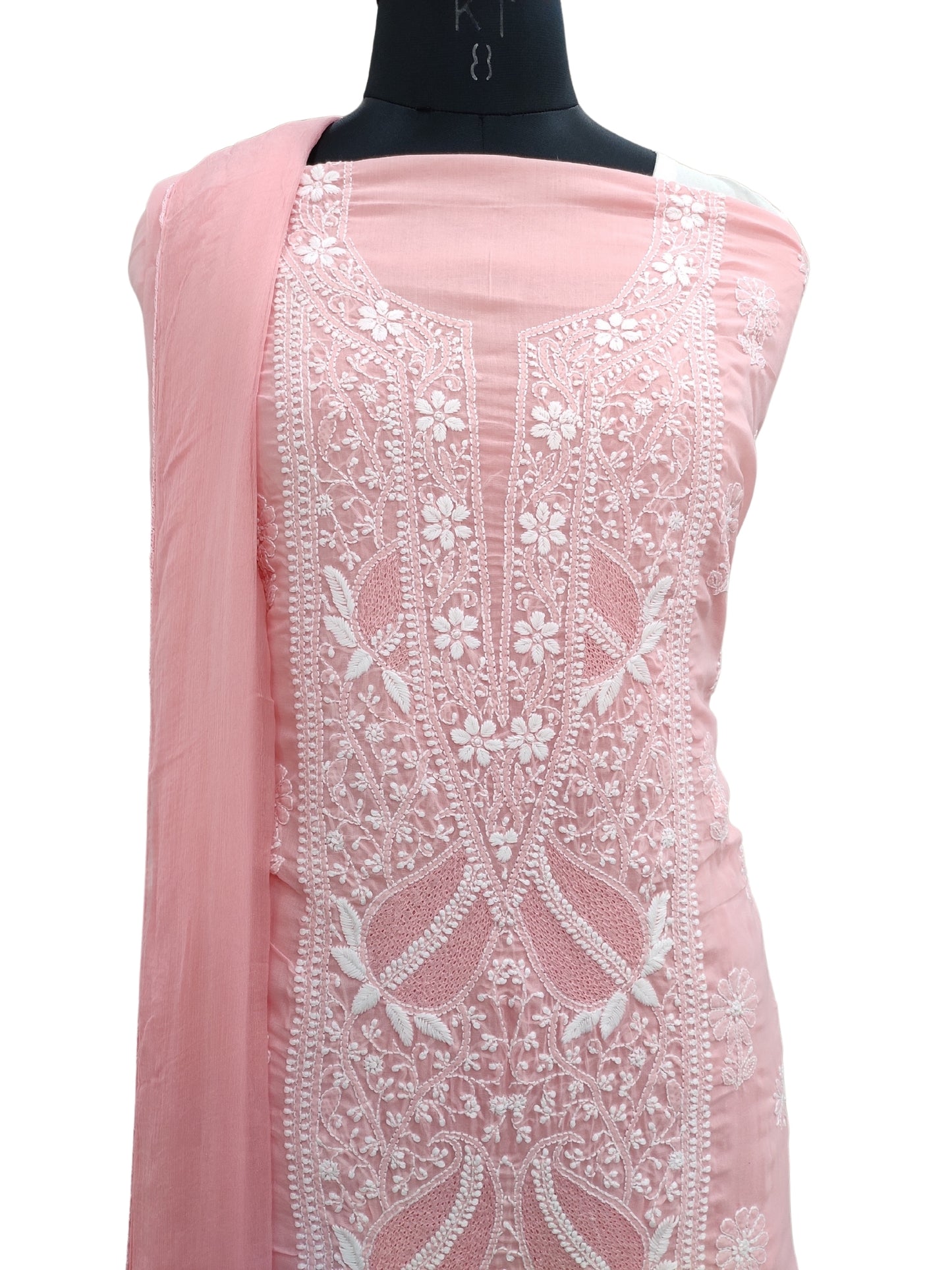 Shyamal Chikan Hand Embroidered Peach Cotton Lucknowi Chikankari Unstitched Suit Piece With Jaali Work- S22214