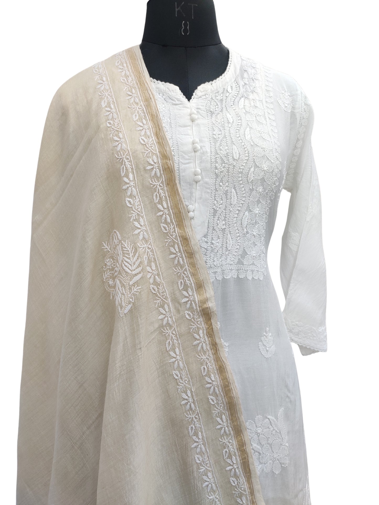 Shyamal Chikan Hand Embroidered Beige Monga Silk Lucknowi Chikankari Dupatta - S23194