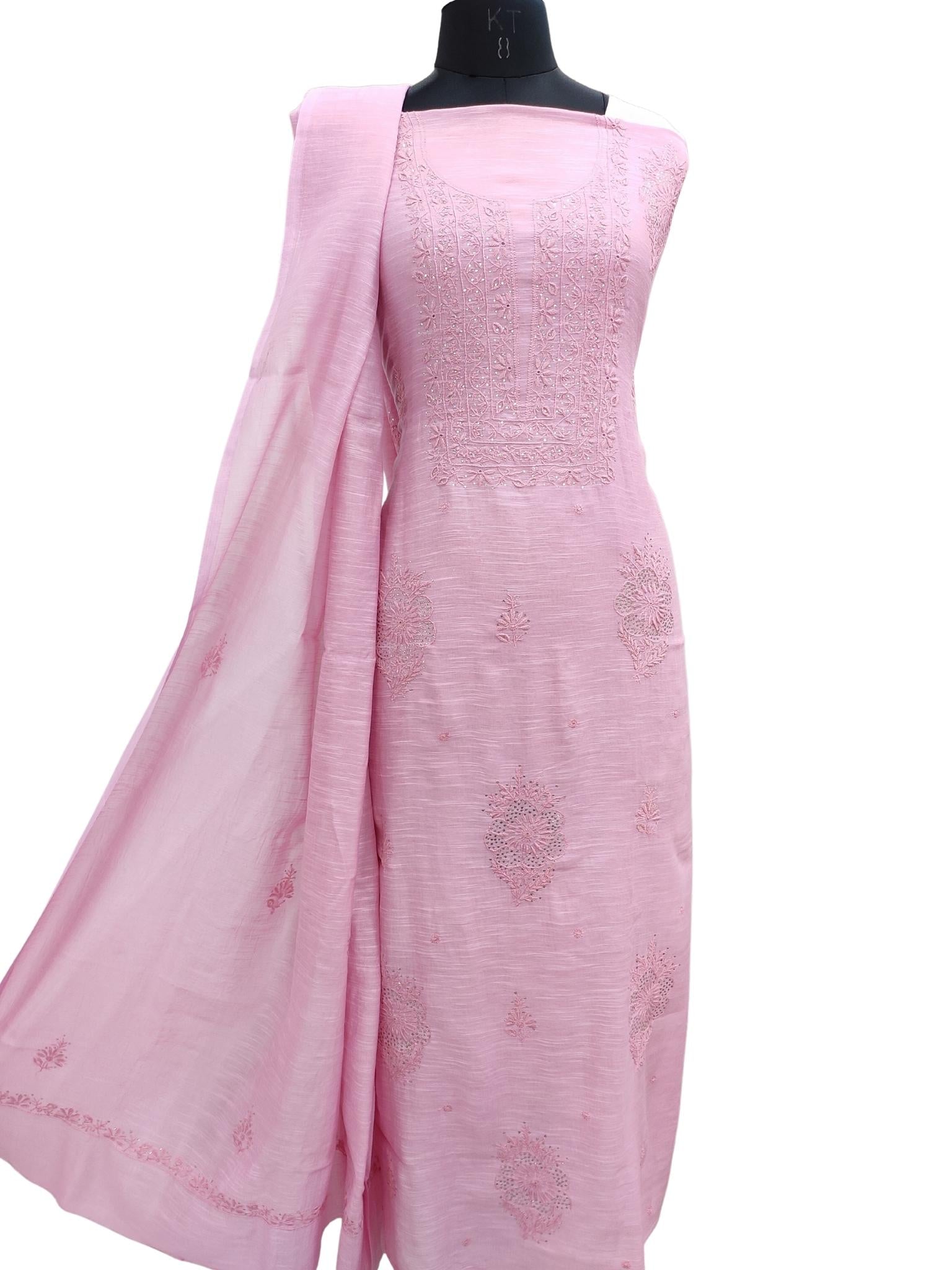 Shyamal Chikan Hand Embroidered Pink Slub Chanderi Lucknowi Chikankari Unstitched Suit Piece with Mukaish work ( Kurta Dupatta Set ) - S20861