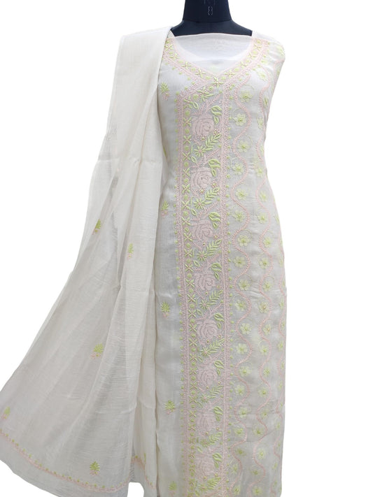 Shyamal Chikan Hand Embroidered White Mulmul Chanderi Lucknowi Chikankari Unstitched Suit Piece ( Kurta Dupatta Set ) - S20972