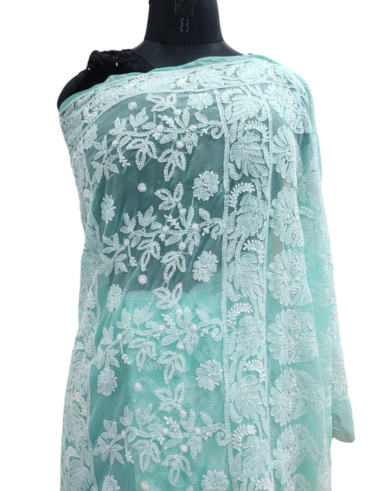 Shyamal Chikan Hand Embroidered Sea Green Georgette Lucknowi Chikankari Shoulder Jaal Saree With Blouse Piece - S21979