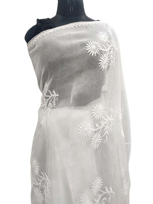 Shyamal Chikan Hand Embroidered White Pure Organza Lucknowi Chikankari Saree With Blouse Piece  - 23547