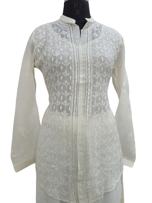 Shyamal Chikan Hand Embroidered White Mul Chanderi Lucknowi Chikankari Shirt and Pant Set - S24712