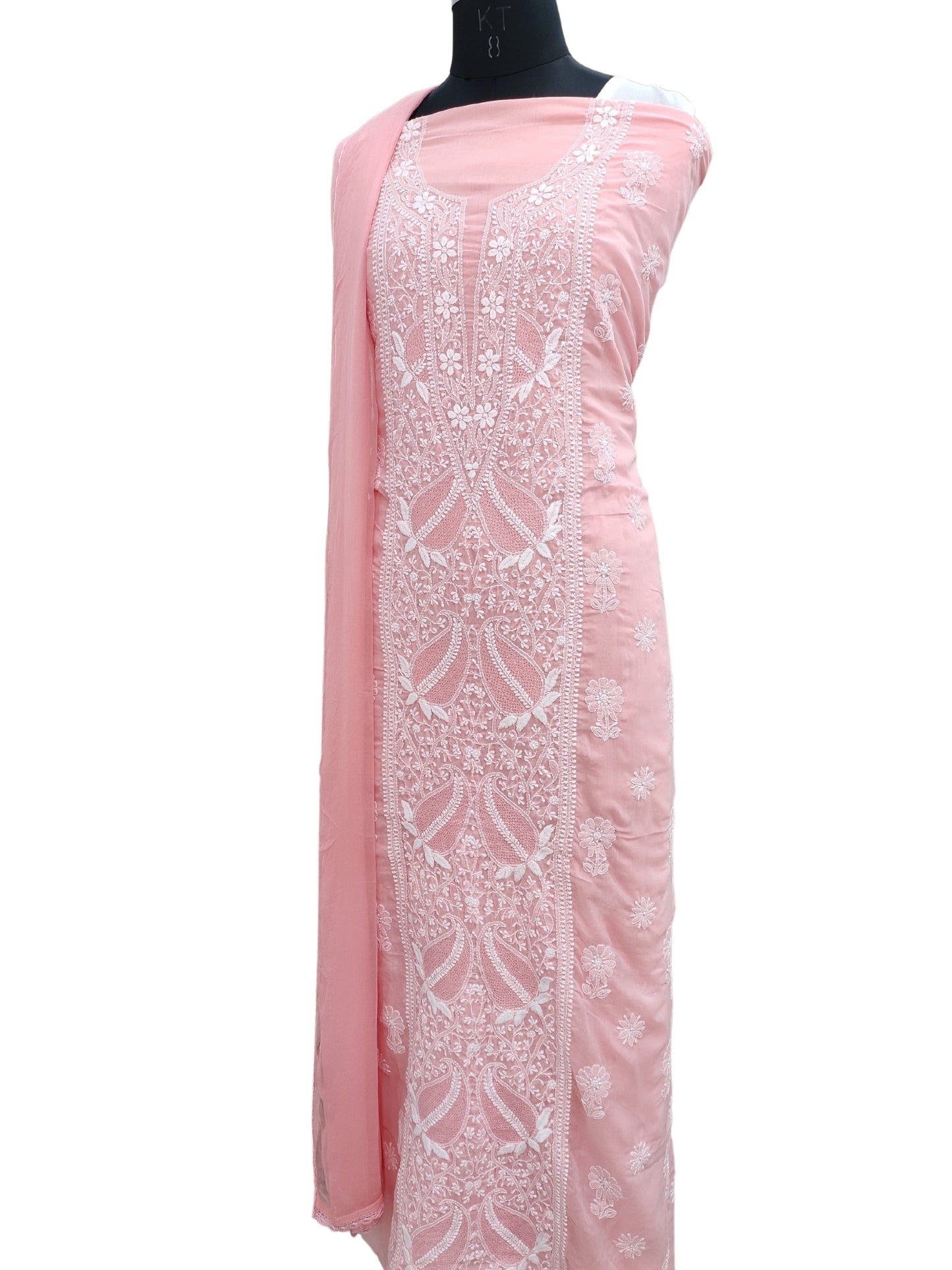 Shyamal Chikan Hand Embroidered Peach Cotton Lucknowi Chikankari Unstitched Suit Piece With Jaali Work- S22214