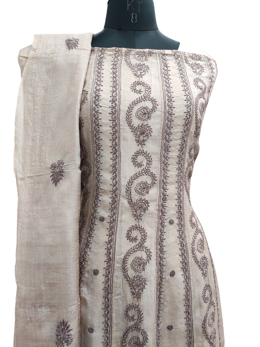Shyamal Chikan Hand Embroidered Peachish Brown Pure Tusser Silk Lucknowi Chikankari Semi-Stitched Anarkali - S22494