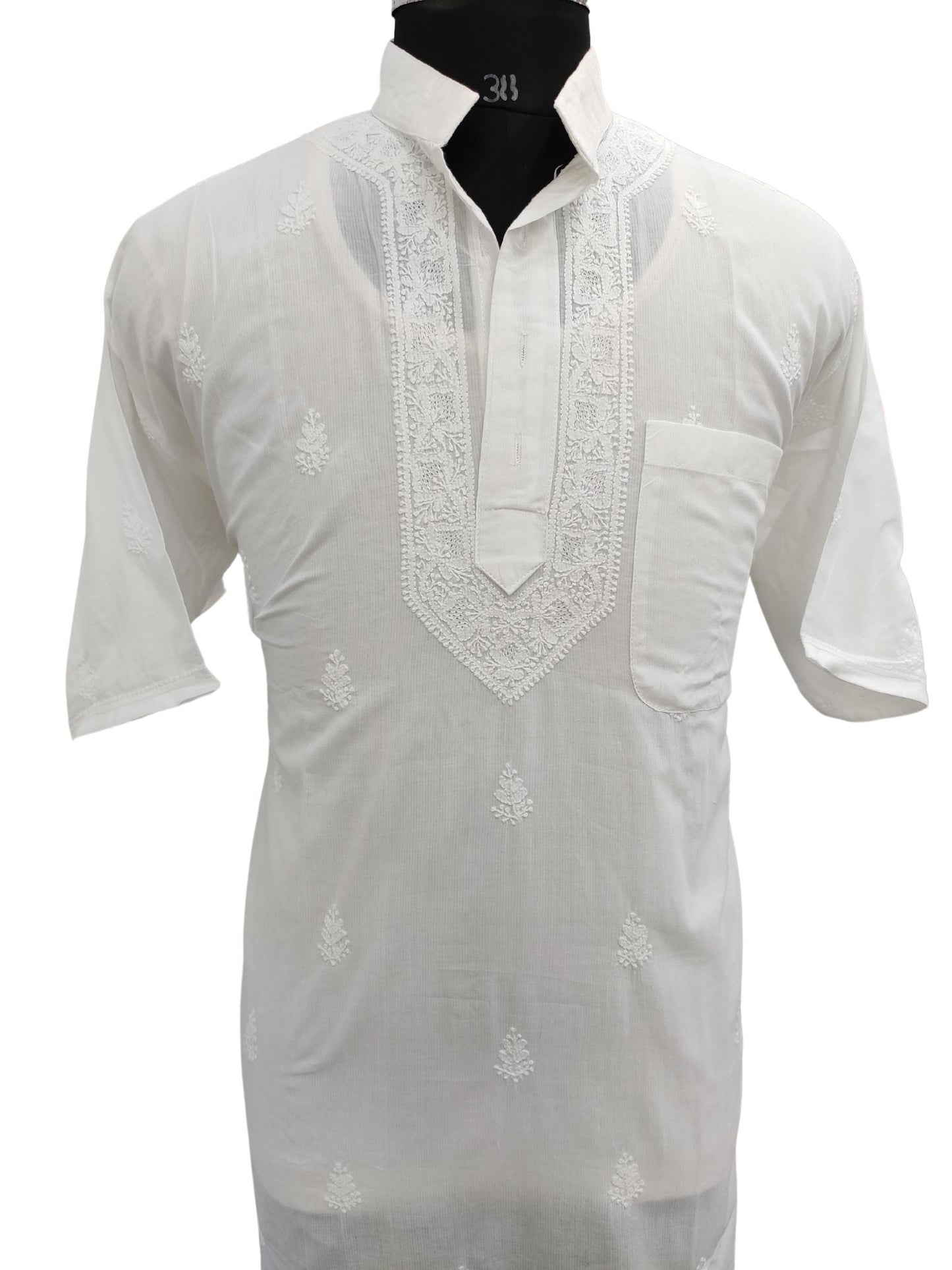 Shyamal Chikan Hand Embroidered White Cotton Lucknowi Chikankari Men's Modi Kurta – S20130
