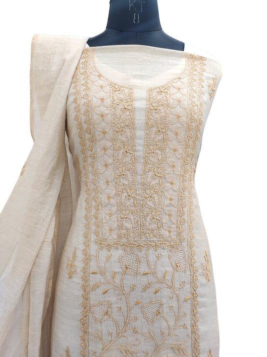 Shyamal Chikan Hand Embroidered Natural Fawn Tissue Lucknowi Chikankari Unstitched Suit Piece ( Kurta Dupatta Set ) - S22471