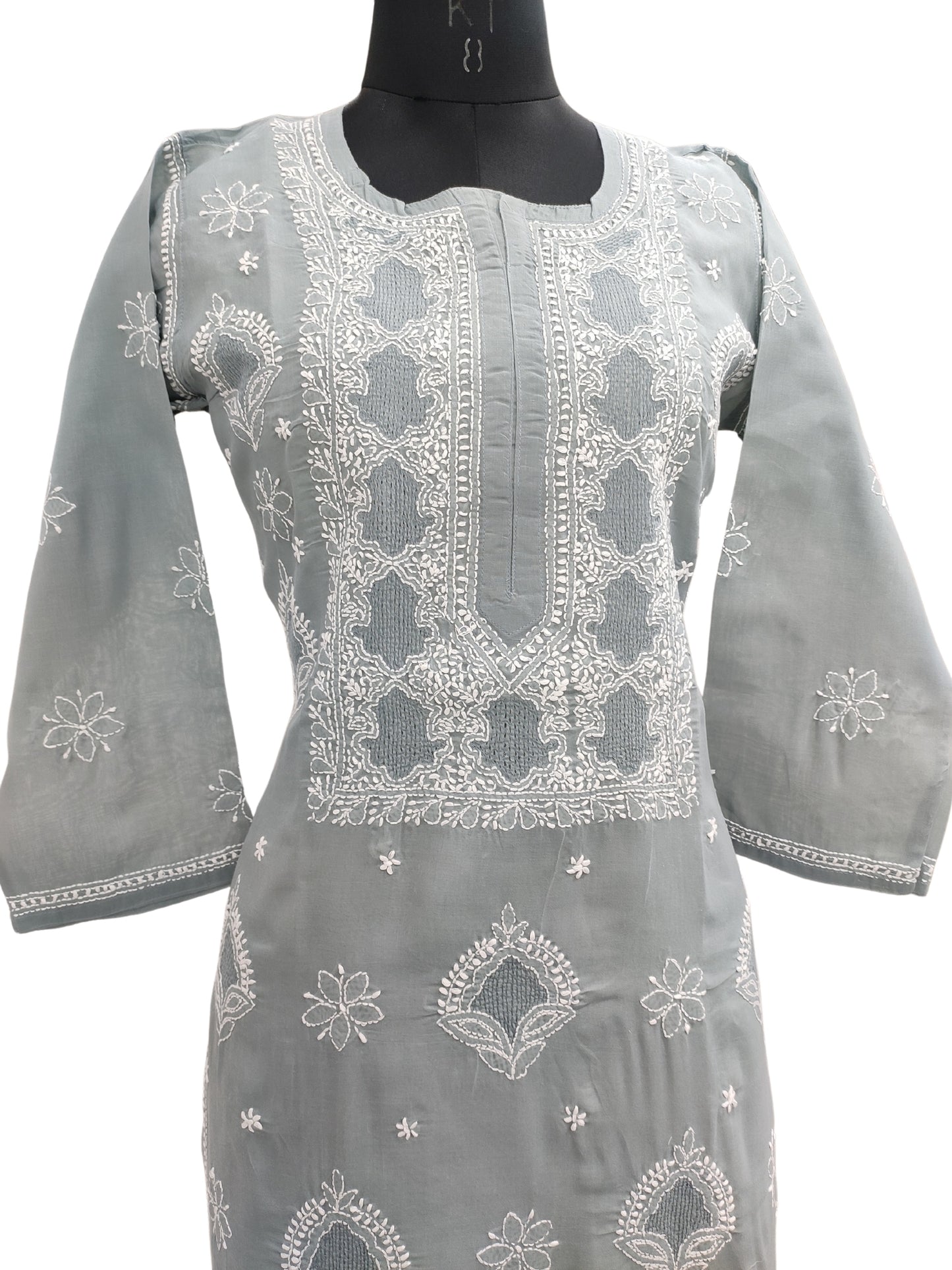 Shyamal Chikan Hand Embroidered Grey Cotton Lucknowi Chikankari Kurti With Jaali Work- S23534