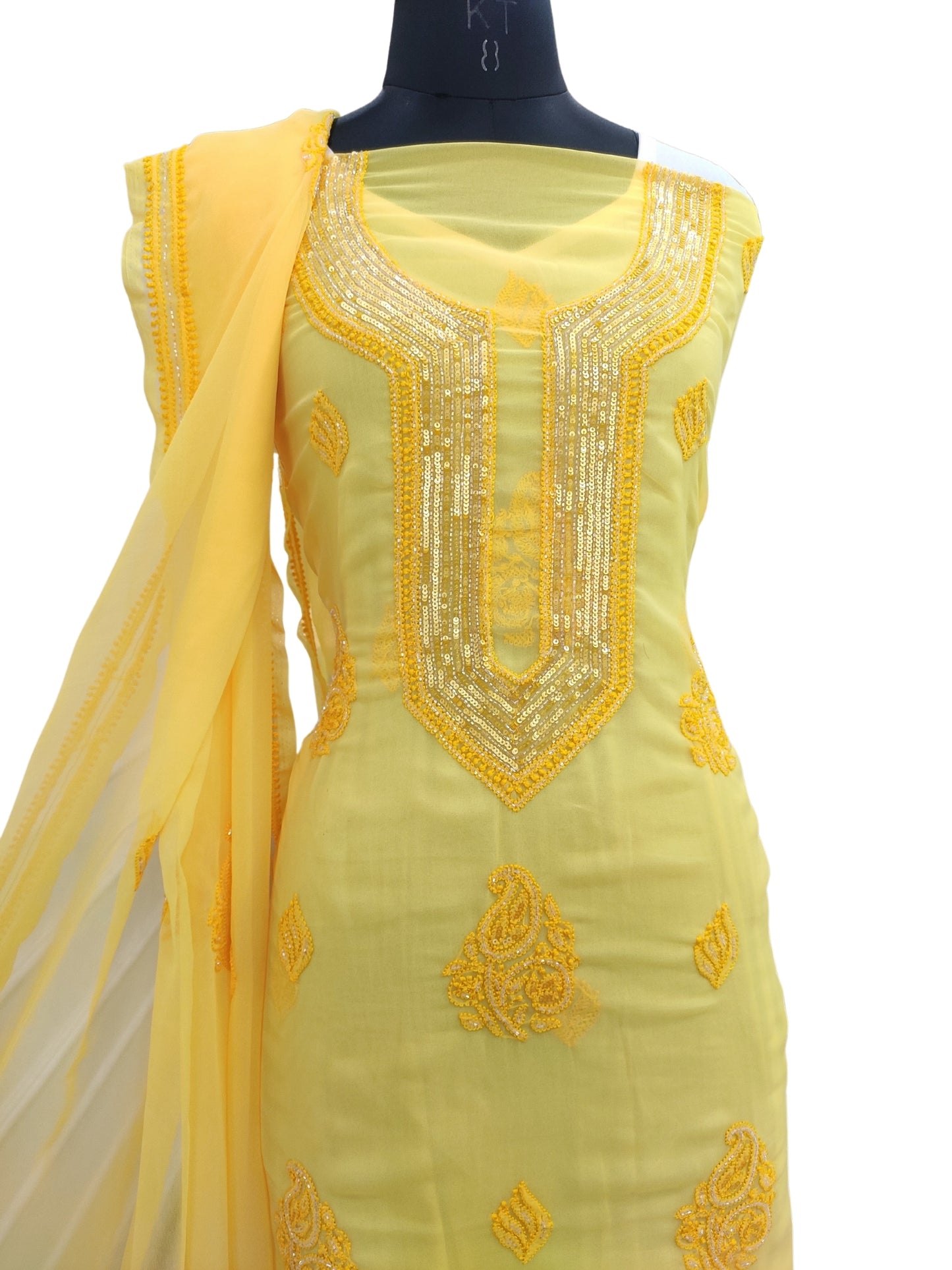 Shyamal Chikan Hand Embroidered Yellow Georgette Lucknowi Chikankari Unstitched Suit Piece With Cutdana & Sequin Work - S24381