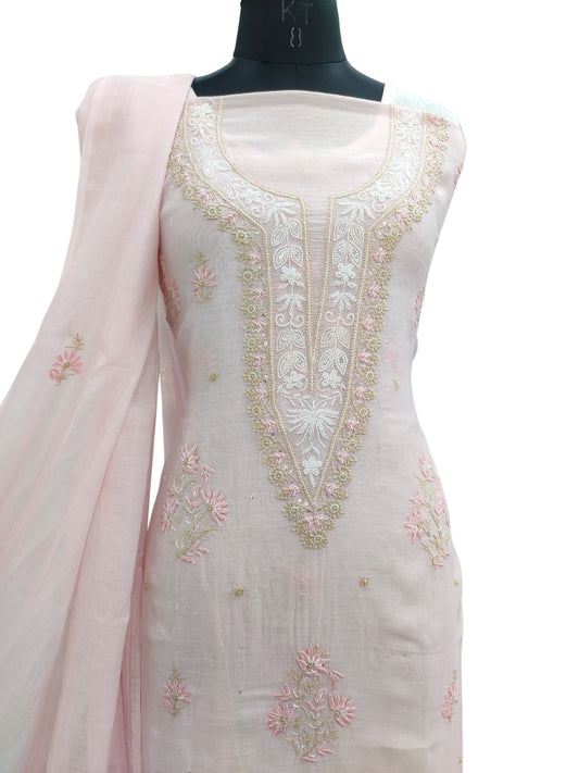 Shyamal Chikan Hand Embroidered Pink Mul Chanderi Lucknowi Chikankari Unstitched Suit Piece with Cutdana & Sequin Work (Kurta Dupatta Set) - S24430