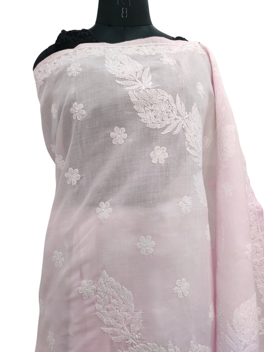 Shyamal Chikan Hand Embroidered Pink Cotton Lucknowi Chikankari Saree With Blouse Piece- S22509