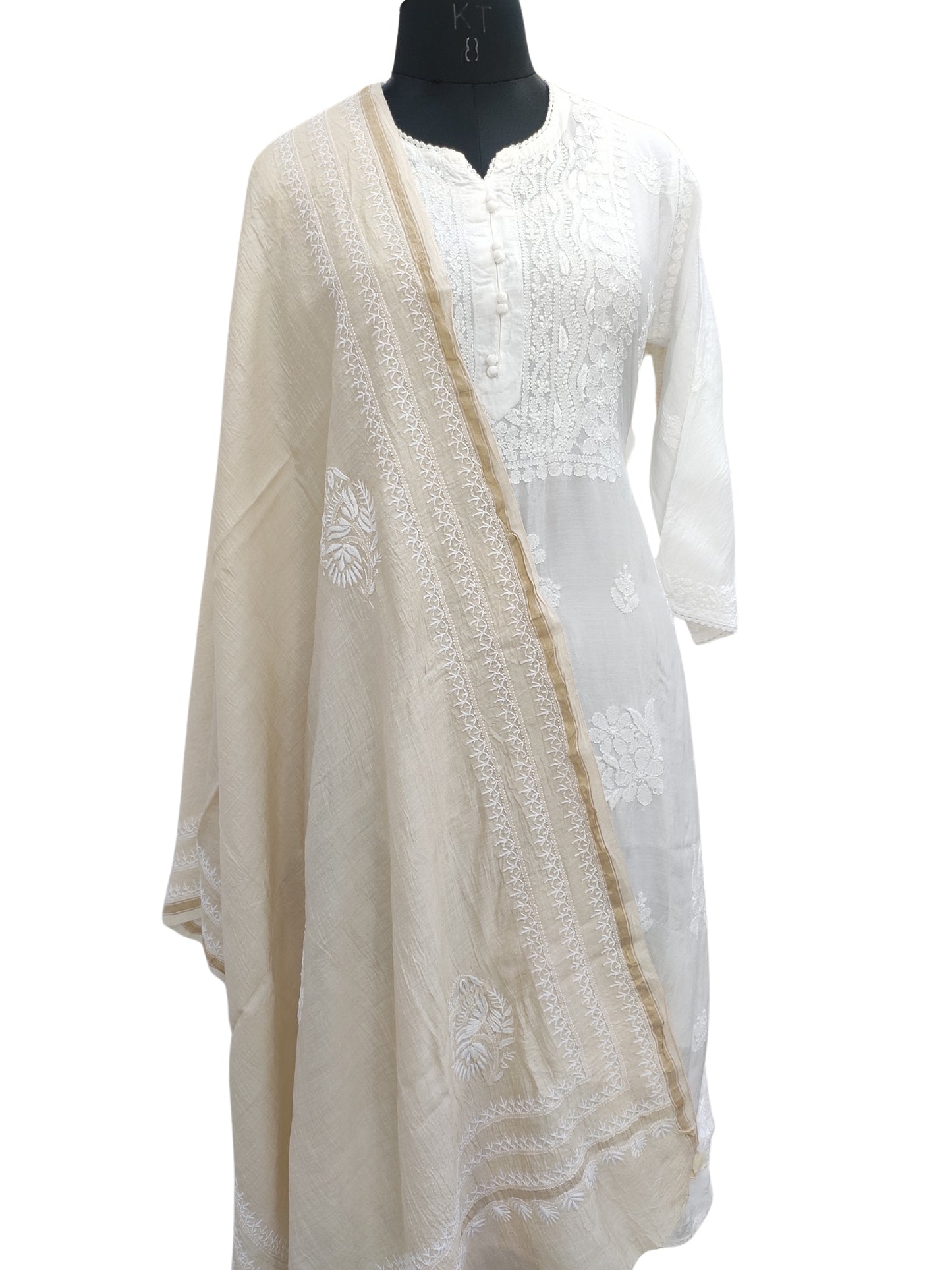 Shyamal Chikan Hand Embroidered Beige Monga Silk Lucknowi Chikankari Dupatta - S23195