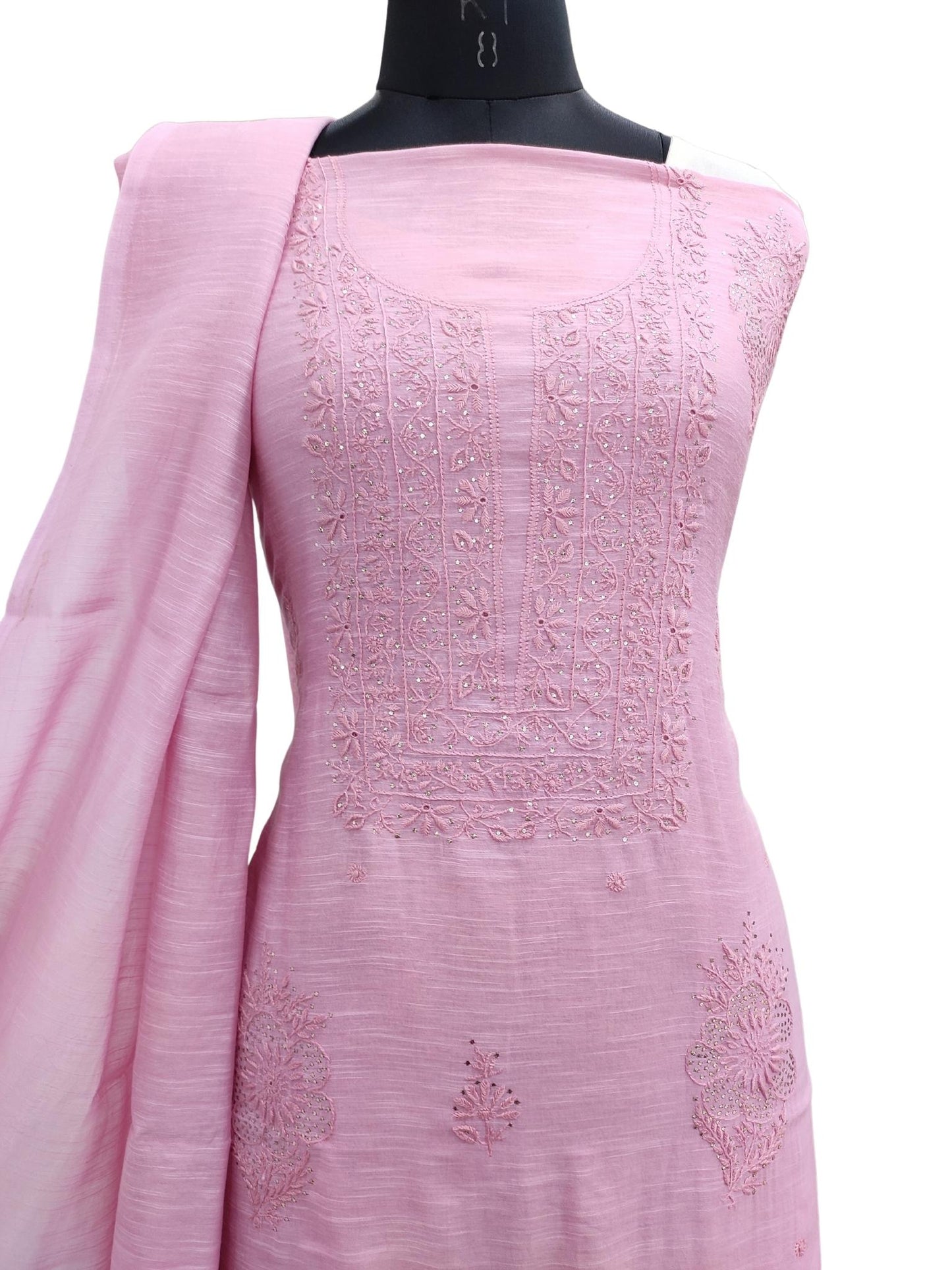 Shyamal Chikan Hand Embroidered Pink Slub Chanderi Lucknowi Chikankari Unstitched Suit Piece with Mukaish work ( Kurta Dupatta Set ) - S20861