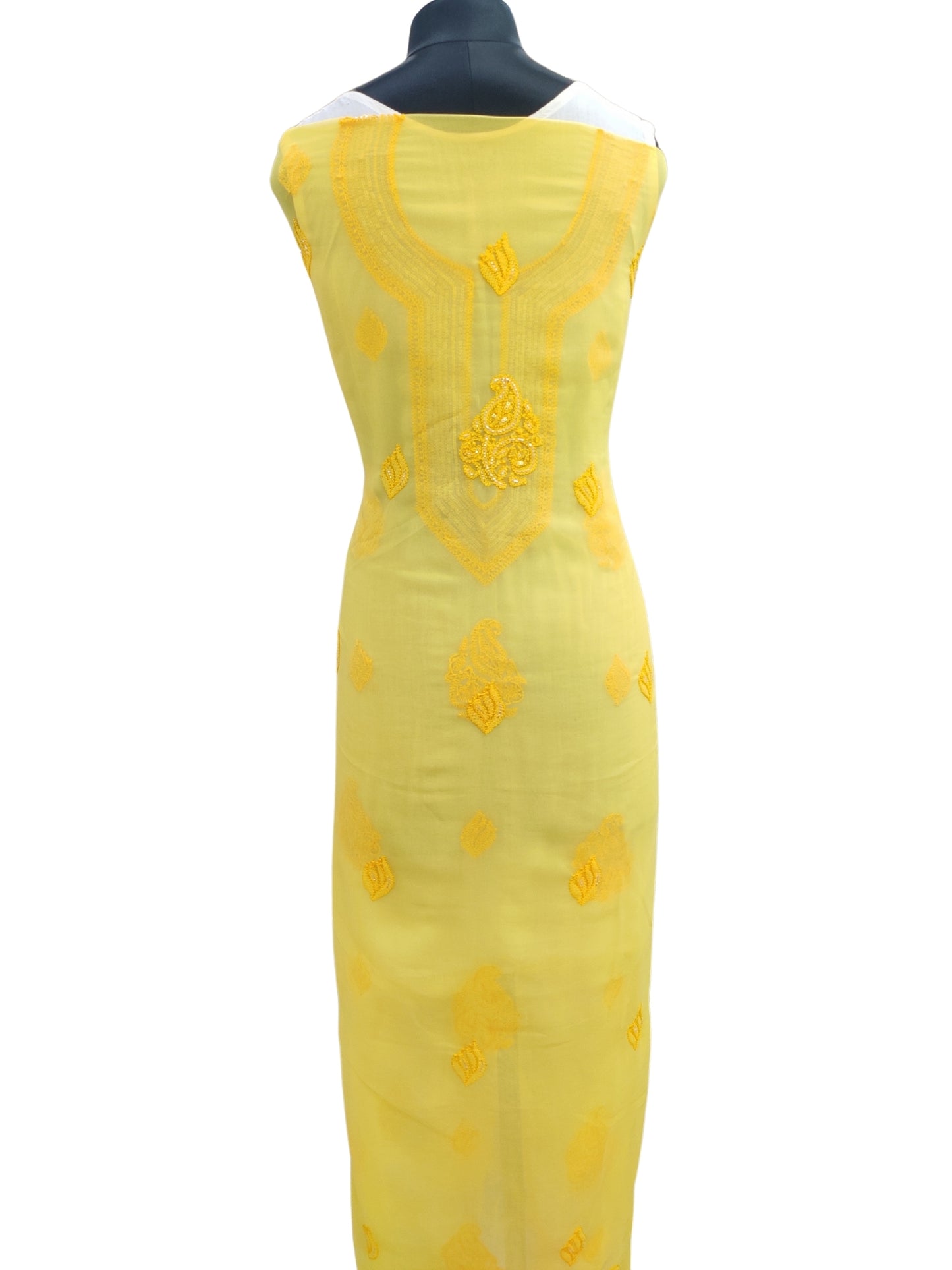 Shyamal Chikan Hand Embroidered Yellow Georgette Lucknowi Chikankari Unstitched Suit Piece With Cutdana & Sequin Work - S24381