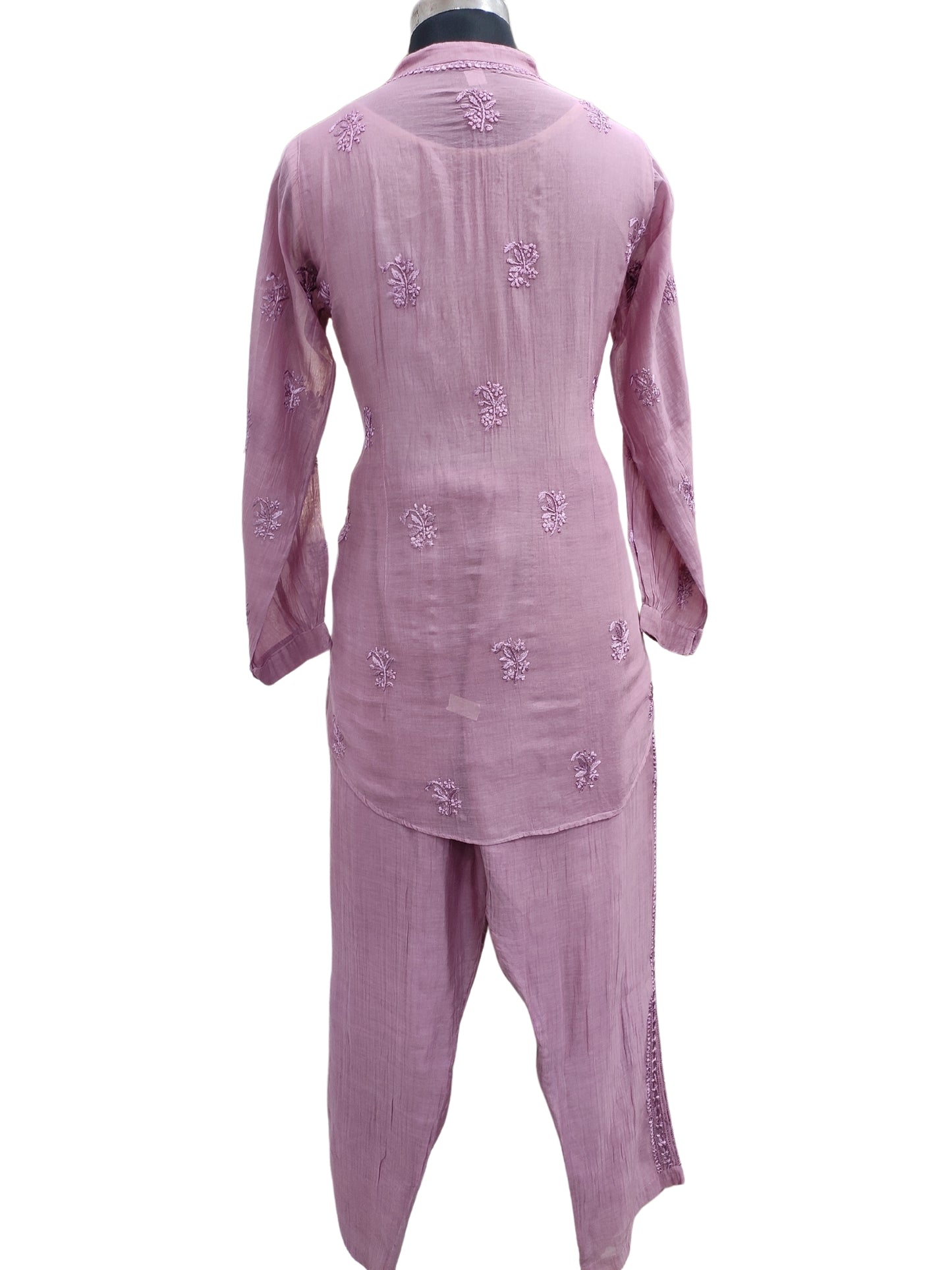 Shyamal Chikan Hand Embroidered Wine Mul Chanderi Lucknowi Chikankari Shirt and Pant Set - S24901