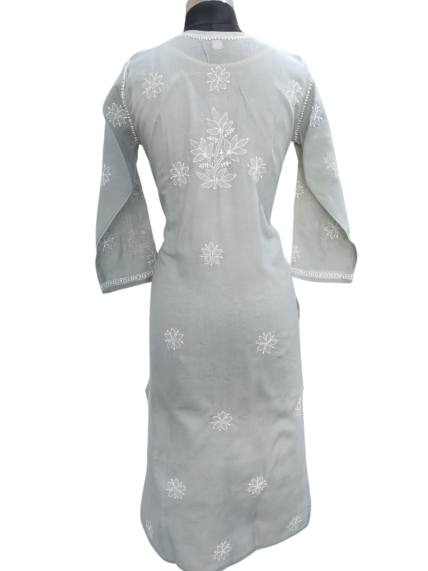 Shyamal Chikan Hand Embroidered Grey Cotton Lucknowi Chikankari Kurti With Jaali Work- S23534