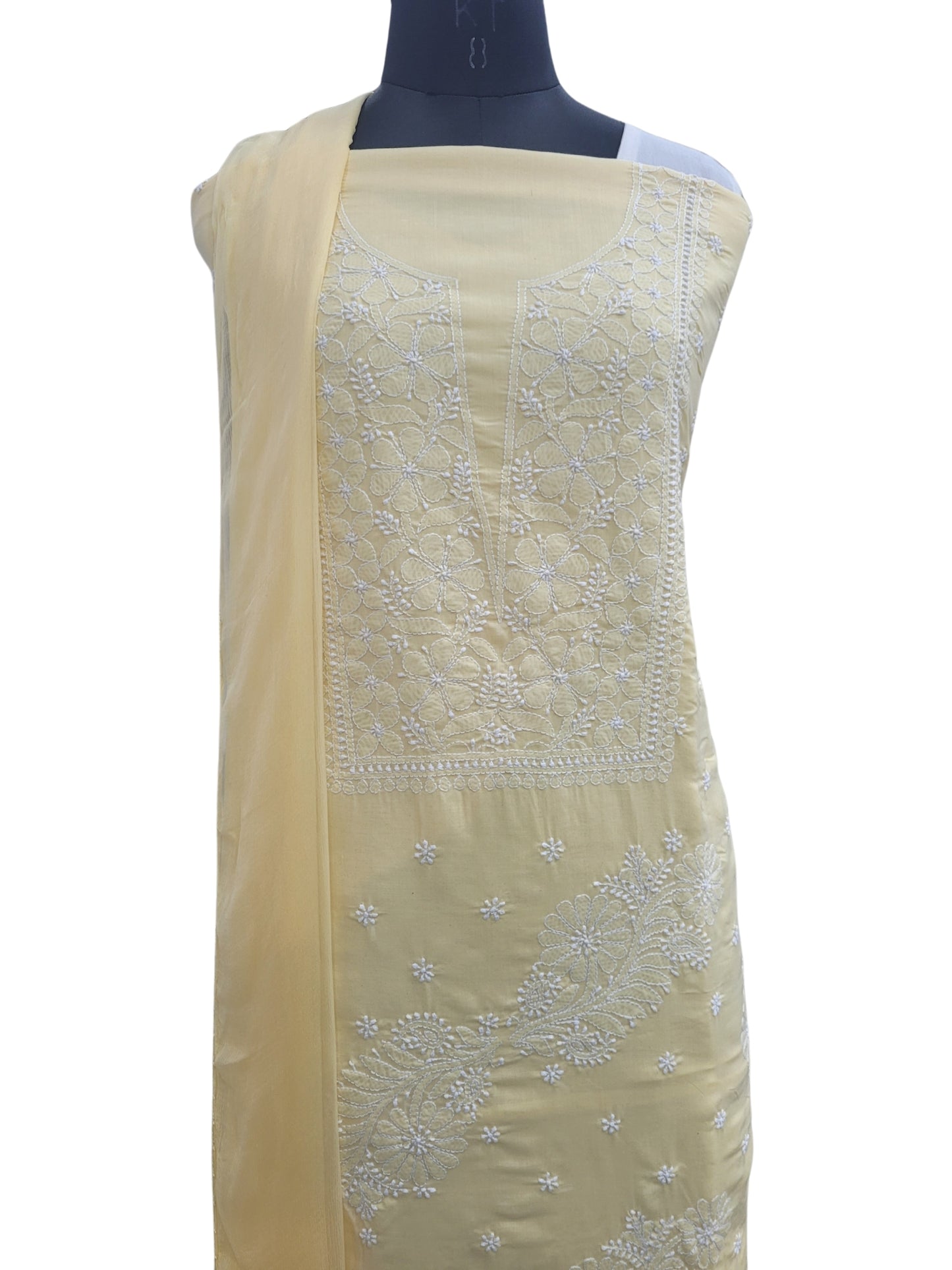 Shyamal Chikan Hand Embroidered Yellow Cotton Lucknowi Chikankari Unstitched Suit Piece - S25055